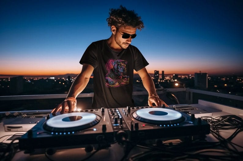 Dog DJ T-shirt, Neon Rave Music Party Puppy Tee, Funny Cool Dog DJ Shirt, Festival EDM Music Men's Tee