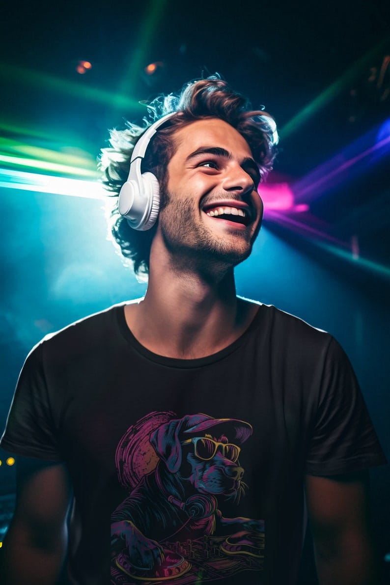 Dog DJ T-shirt, Neon Rave Music Party Puppy Tee, Funny Cool Dog DJ Shirt, Festival EDM Music Men's Tee