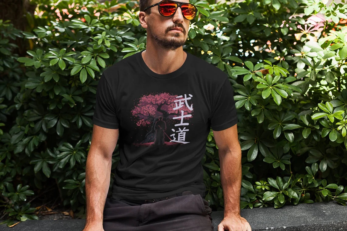 Samurai Sakura Bushido Kanji 武士道 T-shirt, Cherry Blossom Japanese Streetwear Harajuku, Samurai Japan Men's Tee