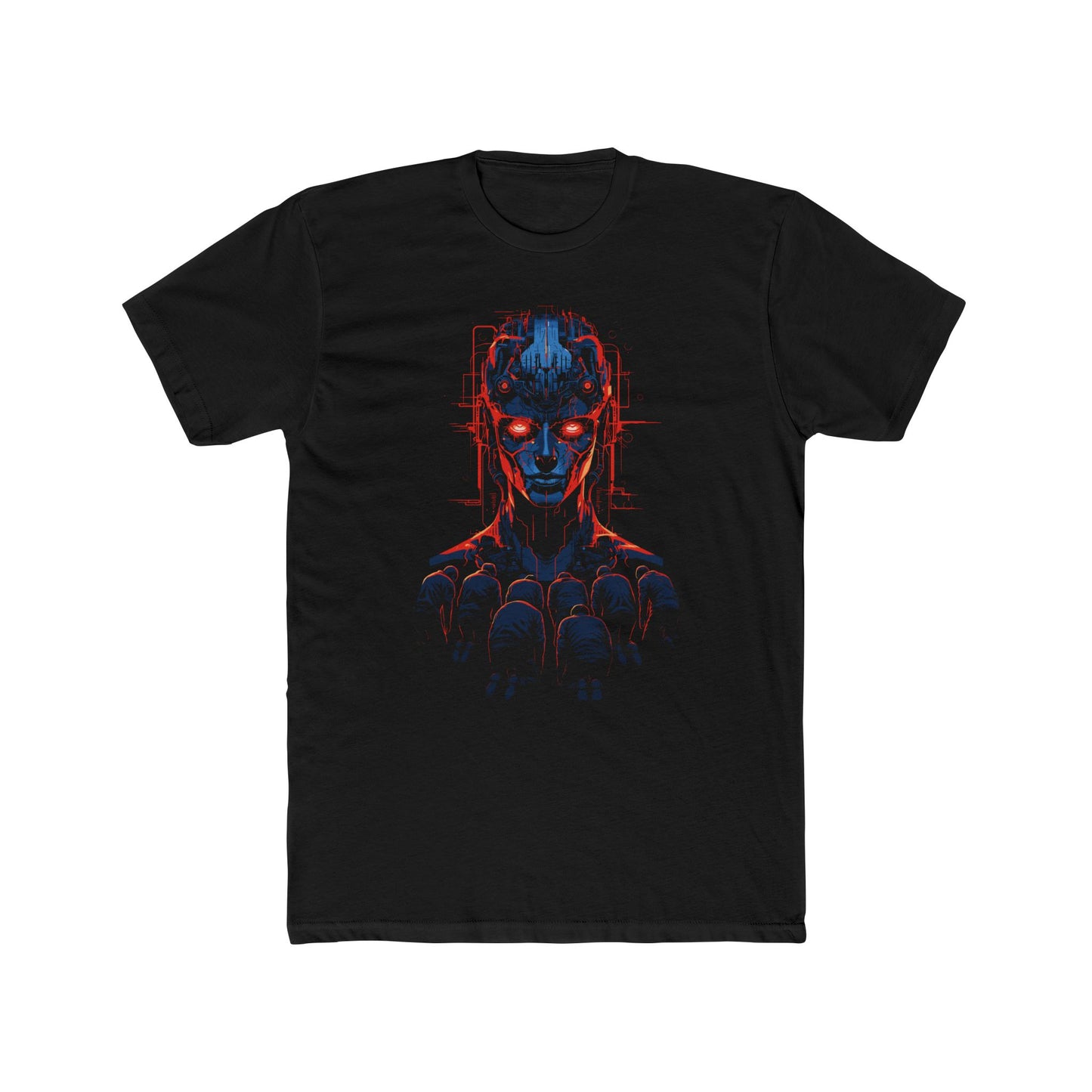 Cyber AI Robot Overlord T-Shirt, Futuristic AI Robot with Bowing Humans, Cyberpunk Sci-Fi Graphic Tee, Men's Tee