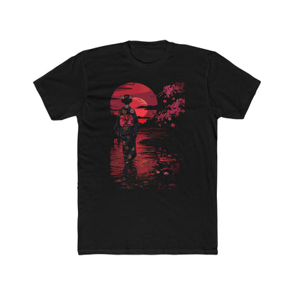 Moonlit Hanami (花見) Geisha T-Shirt – Red Sun Shirt, Japanese Sakura Cherry Blossom Art Tee