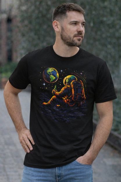Astronaut Drinking Beer Looking at Earth T-Shirt, Space Beer Tee, Cosmic Chill Men's Tee