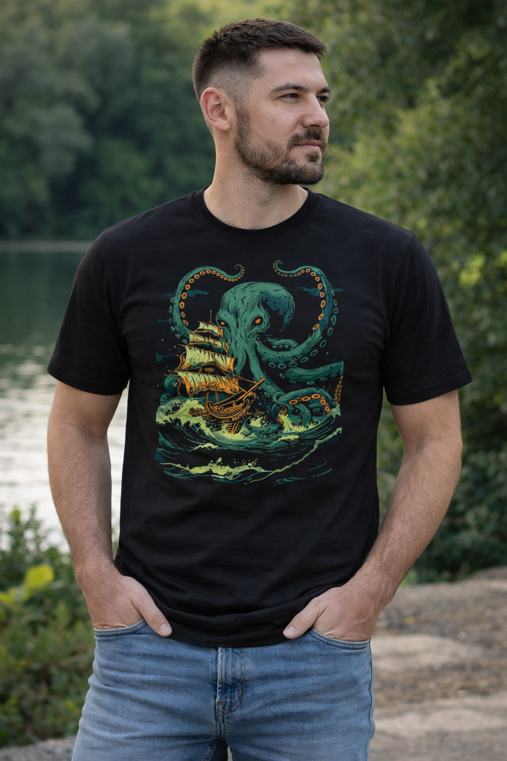 Leviathan Kraken T-Shirt, Deep Sea Monster Octopus Attacking Pirate Ship, Ocean Mythology Men's Tee