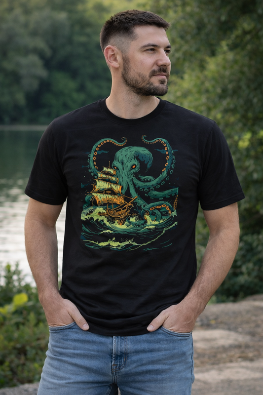 Leviathan Kraken T-Shirt, Deep Sea Monster Octopus Attacking Pirate Ship, Ocean Mythology Men's Tee