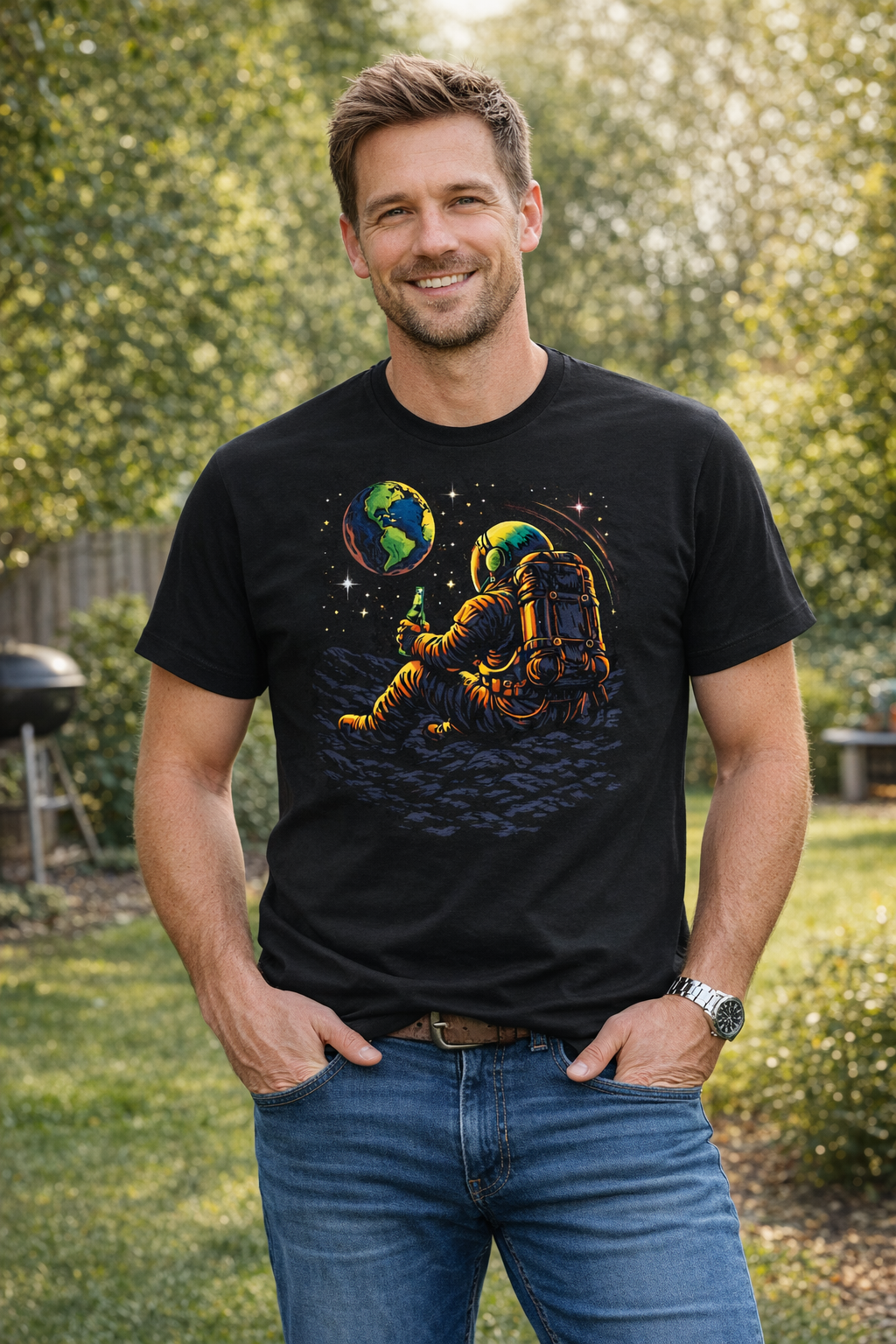Astronaut Drinking Beer Looking at Earth T-Shirt, Space Beer Tee, Cosmic Chill Men's Tee