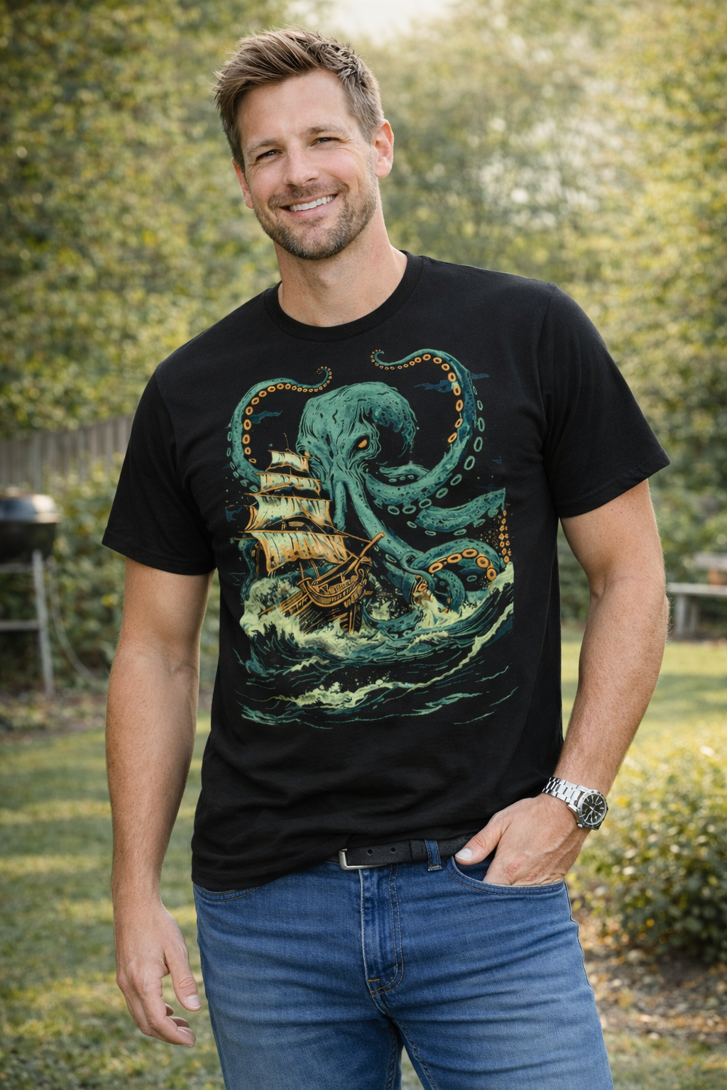 Leviathan Kraken T-Shirt, Deep Sea Monster Octopus Attacking Pirate Ship, Ocean Mythology Men's Tee