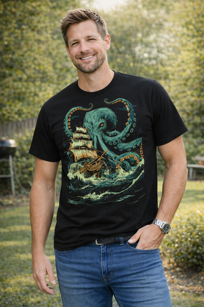 Leviathan Kraken T-Shirt, Deep Sea Monster Octopus Attacking Pirate Ship, Ocean Mythology Men's Tee