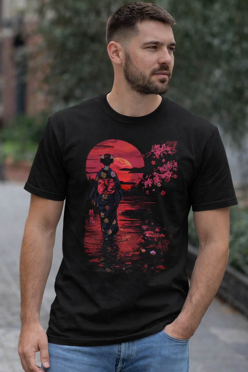 Moonlit Hanami (花見) Geisha T-Shirt – Red Sun Shirt, Japanese Sakura Cherry Blossom Art Tee