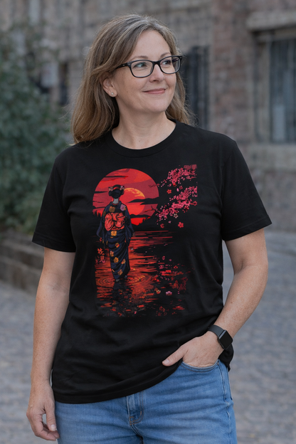 Moonlit Hanami (花見) Geisha T-Shirt – Red Sun Shirt, Japanese Sakura Cherry Blossom Art Tee