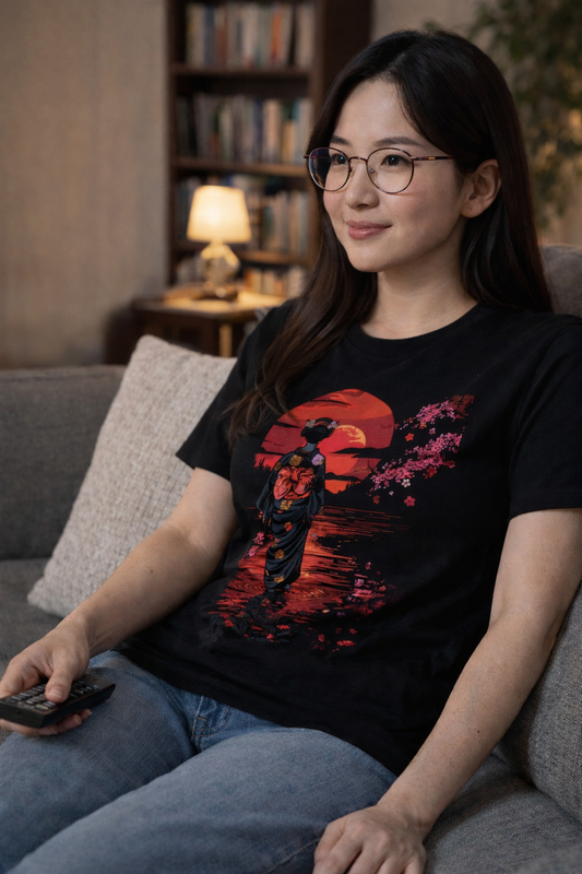 Moonlit Hanami (花見) Geisha T-Shirt – Red Sun Shirt, Japanese Sakura Cherry Blossom Art Tee