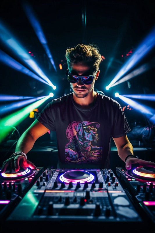 Dog DJ T-shirt, Neon Rave Music Party Puppy Tee, Funny Cool Dog DJ Shirt, Festival EDM Music Men's Tee