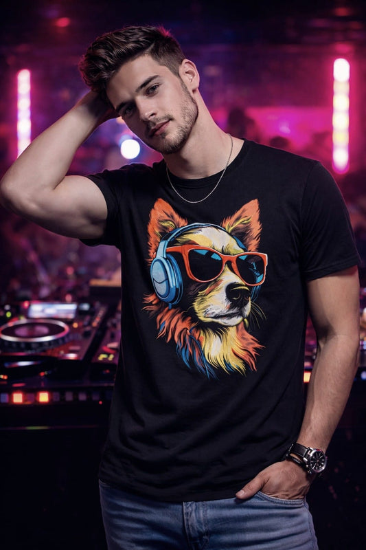 Cool Dog listening to music T-shirt, Funny Dog with Sunglasses Men's Tee