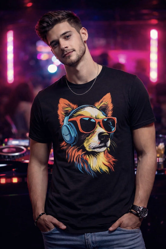 Cool Dog listening to music T-shirt, Funny Dog with Sunglasses Men's Tee