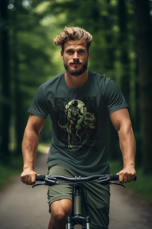 Astronaut Riding a T-Rex T-Shirt – Retro Space Dinosaur Graphic Tee for Sci-Fi & Adventure Lovers | Futuristic Cosmic Dino Art Men's Tee