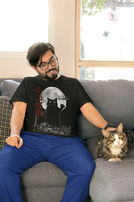 Catzilla T-Shirt, ネコ怪獣 Cat Kaiju in Tokyo Parody Graphic Tee, Funny Japanese Monster Cat, Cat Lover Men's Tee