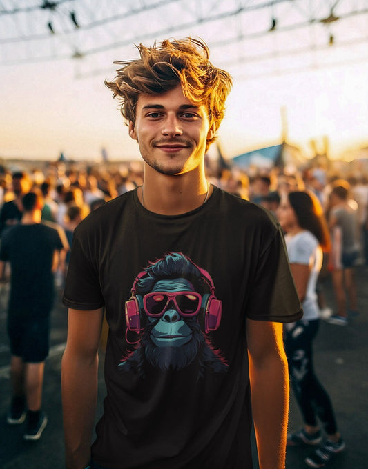 Cool Gorilla listening to music with Headphones, Cool Monkey DJ with Sunglasses, Cool Techno Music T-shirt, Men's Tee