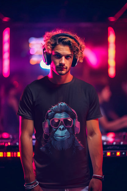 Cool Gorilla listening to music with Headphones, Cool Monkey DJ with Sunglasses, Cool Techno Music T-shirt, Men's Tee