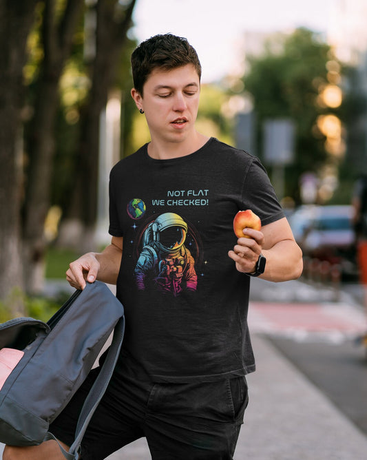 Not Flat We Checked T-shirt, Round Earth Astronaut Spaceman, Flat Earth Conspiracy, Science Tee