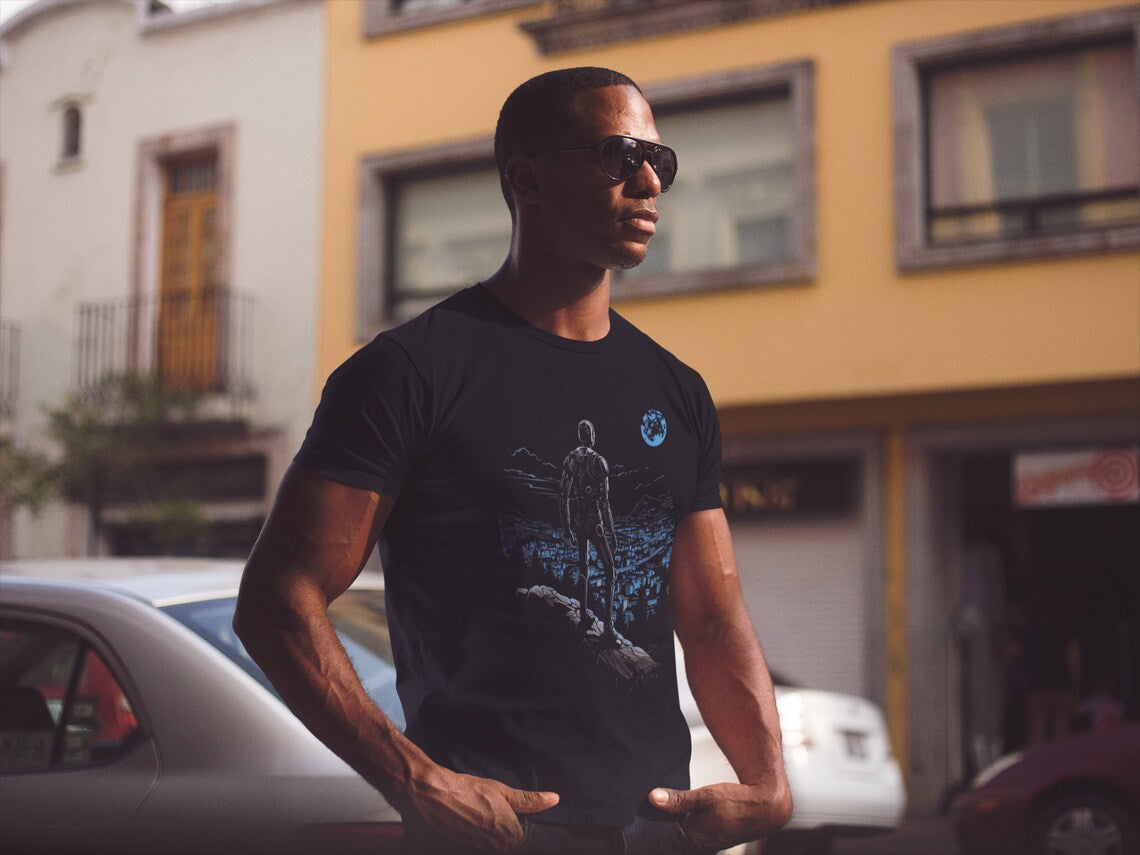 Robot observing the city landscape T-shirt, Technology Robotics A.I. Revolution, Machine Rebellion, Men's Tee