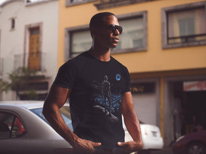 Robot observing the city landscape T-shirt, Technology Robotics A.I. Revolution, Machine Rebellion, Men's Tee