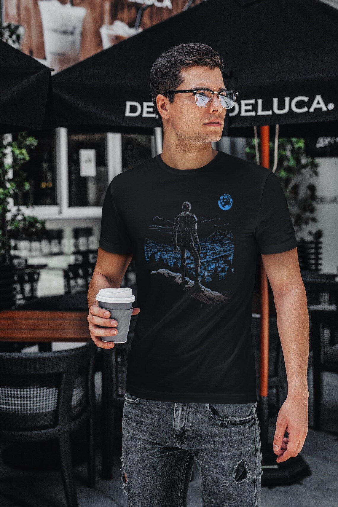 Robot observing the city landscape T-shirt, Technology Robotics A.I. Revolution, Machine Rebellion, Men's Tee