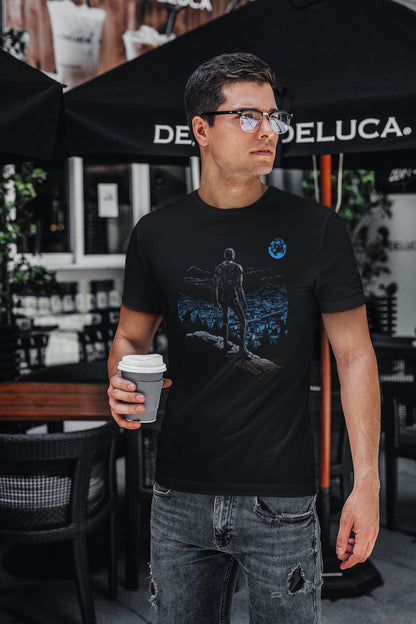 Robot observing the city landscape T-shirt, Technology Robotics A.I. Revolution, Machine Rebellion, Men's Tee