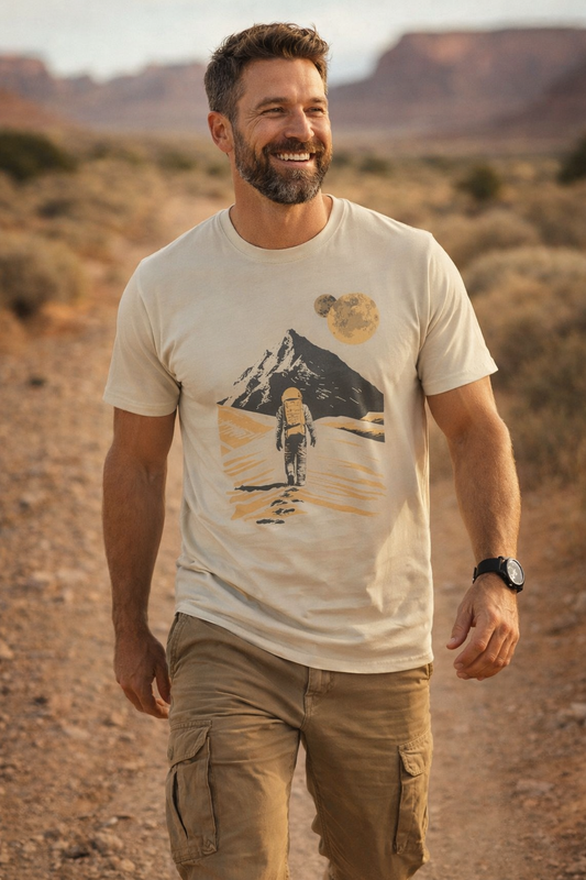 Astronaut in Mars T-shirt, Two Moons Planet Space, Astronaut Walking in Mars, Space Exploration Science, Men's Tee