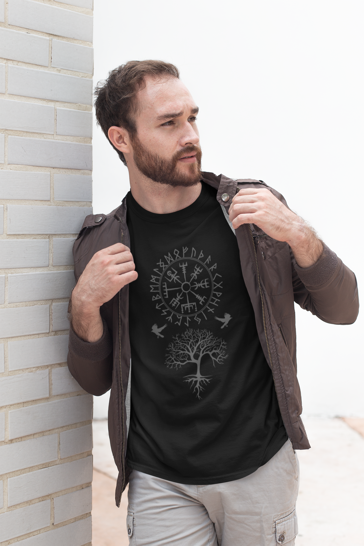 Viking Norse Mythology Medieval Runic T-Shirt, Vegvisir Compass, Yggdrasil, Huginn and Muninn Ravens, Men's Tee