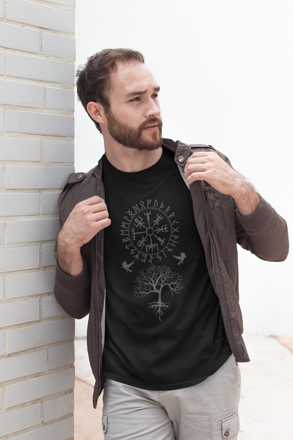 Viking Norse Mythology Medieval Runic T-Shirt, Vegvisir Compass, Yggdrasil, Huginn and Muninn Ravens, Men's Tee