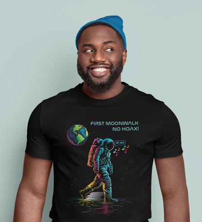 First Moonwalk No Hoax T-Shirt, Funny Astronaut Space Parody Tee, 1969 Moon Fake Landing Joke Shirt, Retro Sci-Fi Conspiracy Theory Men's Tee