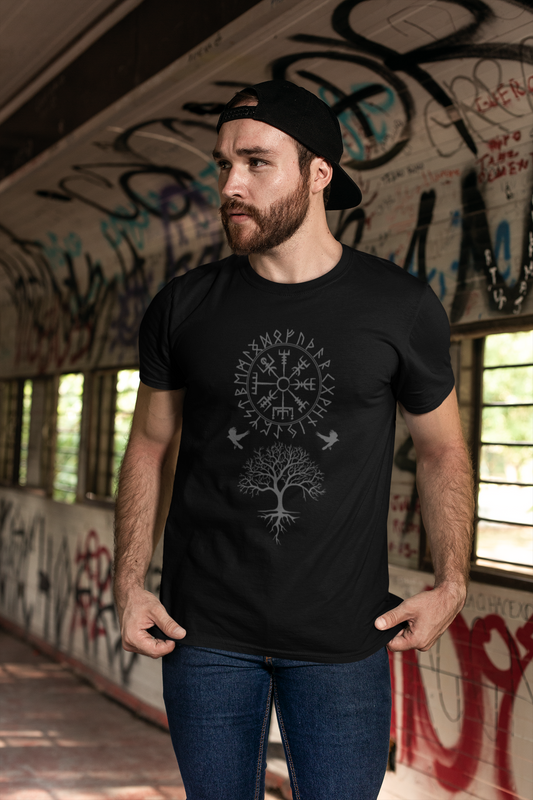 Viking Norse Mythology Medieval Runic T-Shirt, Vegvisir Compass, Yggdrasil, Huginn and Muninn Ravens, Men's Tee