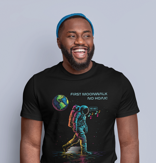 First Moonwalk No Hoax T-Shirt, Funny Astronaut Space Parody Tee, 1969 Moon Fake Landing Joke Shirt, Retro Sci-Fi Conspiracy Theory Men's Tee